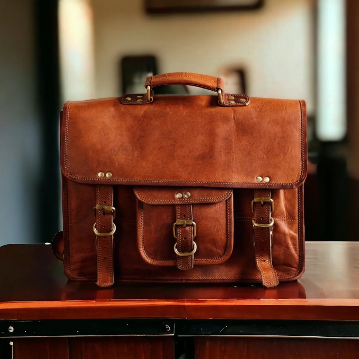 Leather Laptop Messenger Briefcase Men