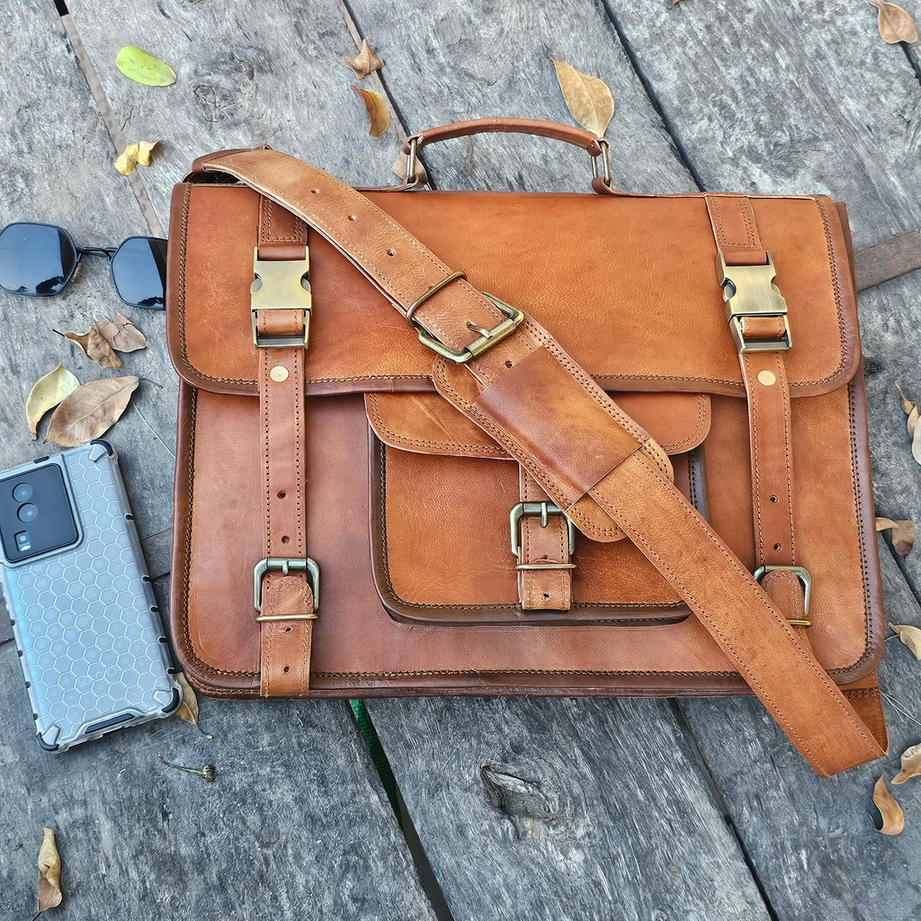 Leather Laptop Messenger Briefcase Men