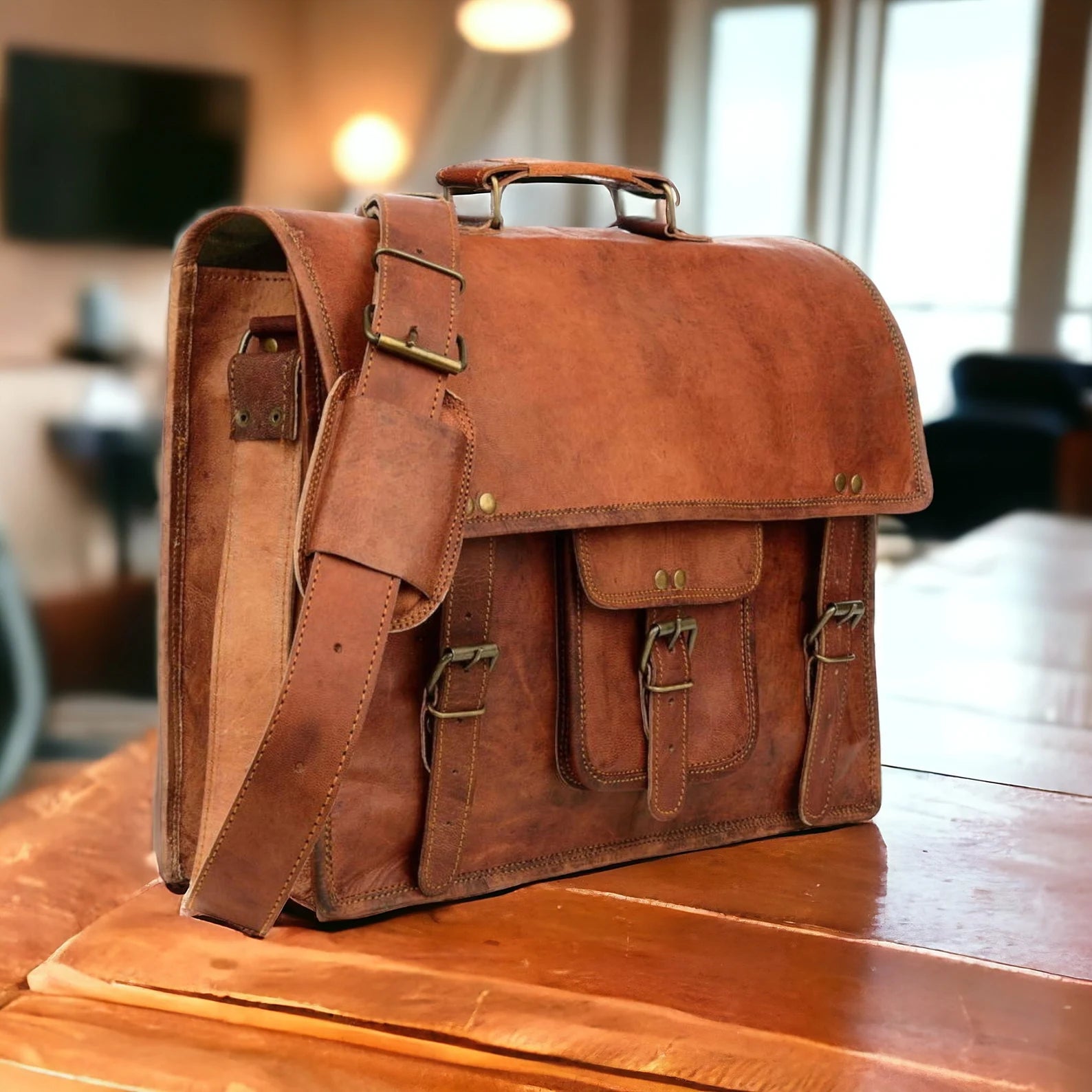 Leather Laptop Messenger Briefcase Men