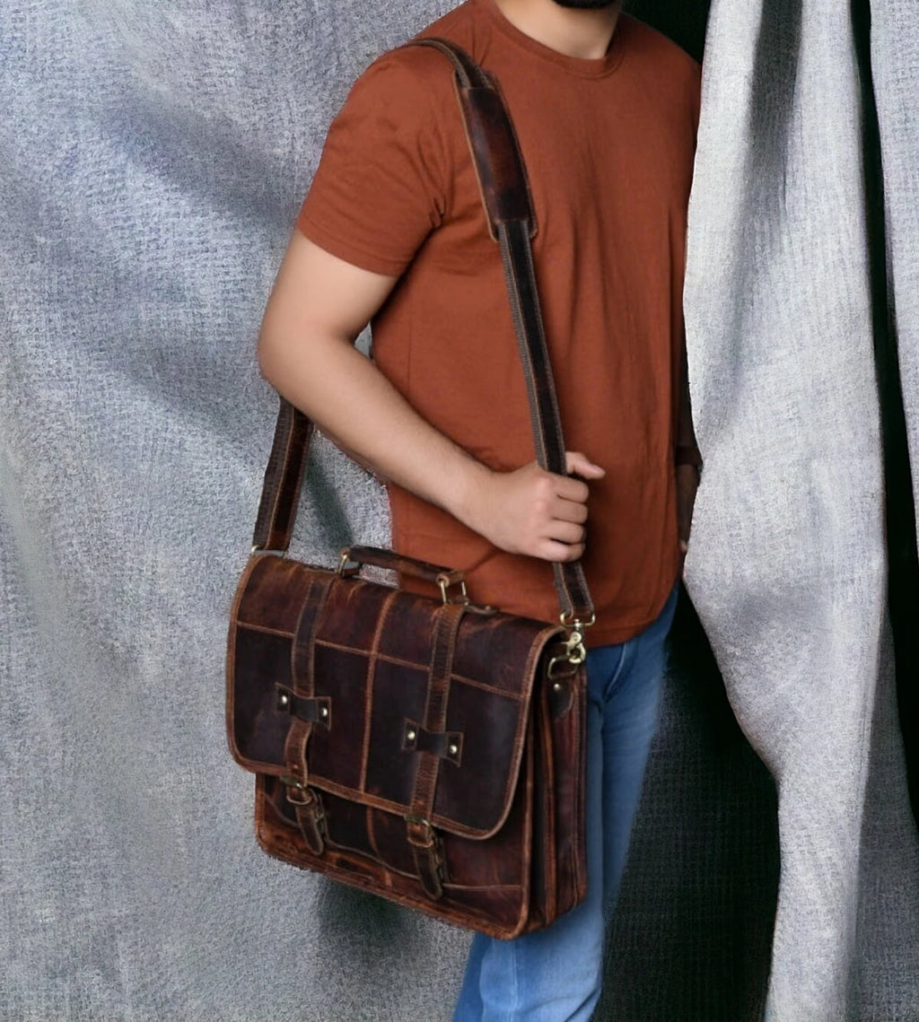 Leather messenger bag laptop shoulder bag