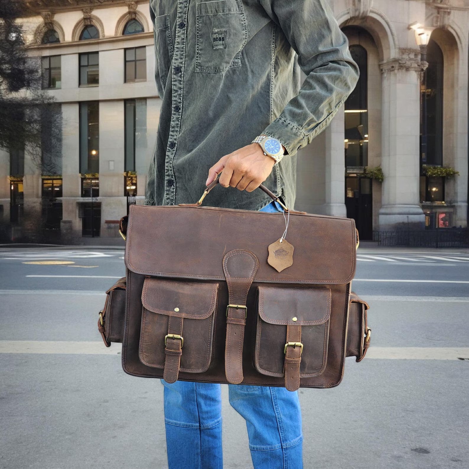 Buff Leather Travel Laptop Bag