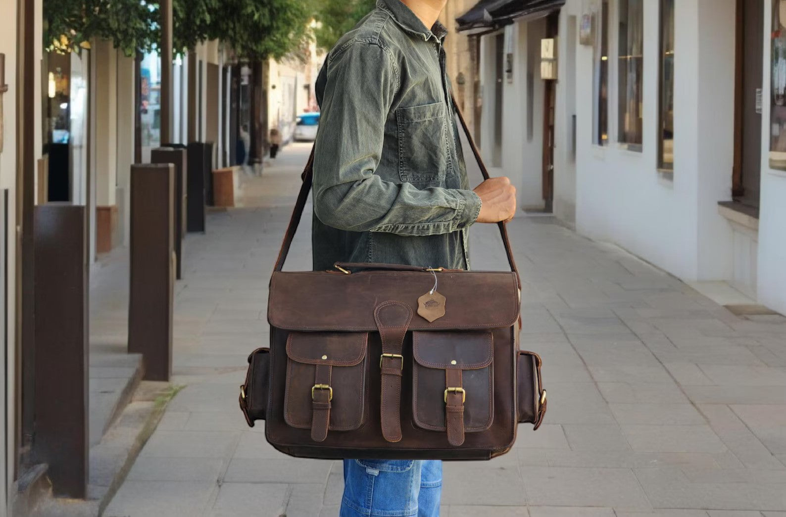 Buff Leather Travel Laptop Bag