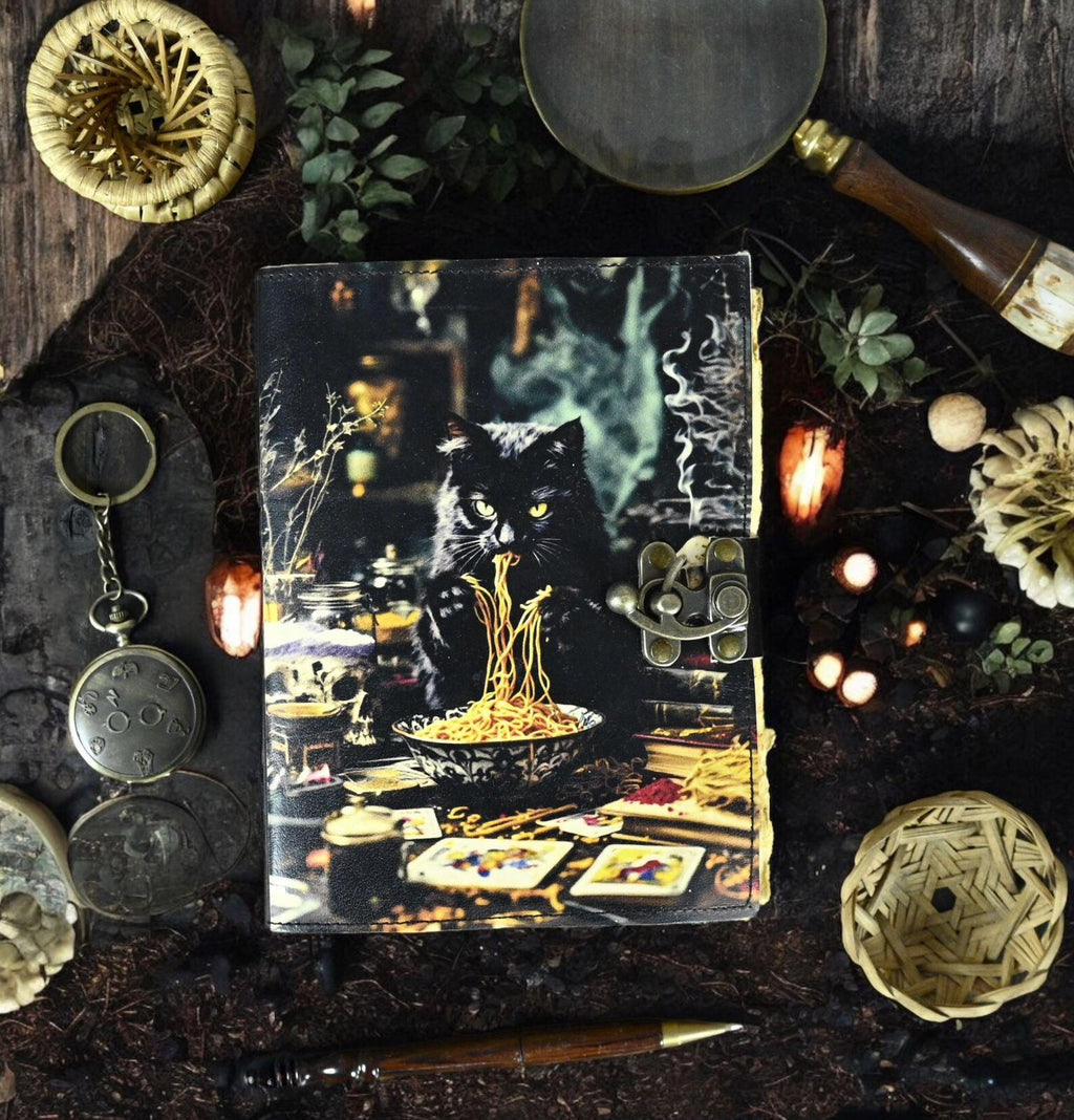 Vintage Cat Eating Noodles Leather journal
