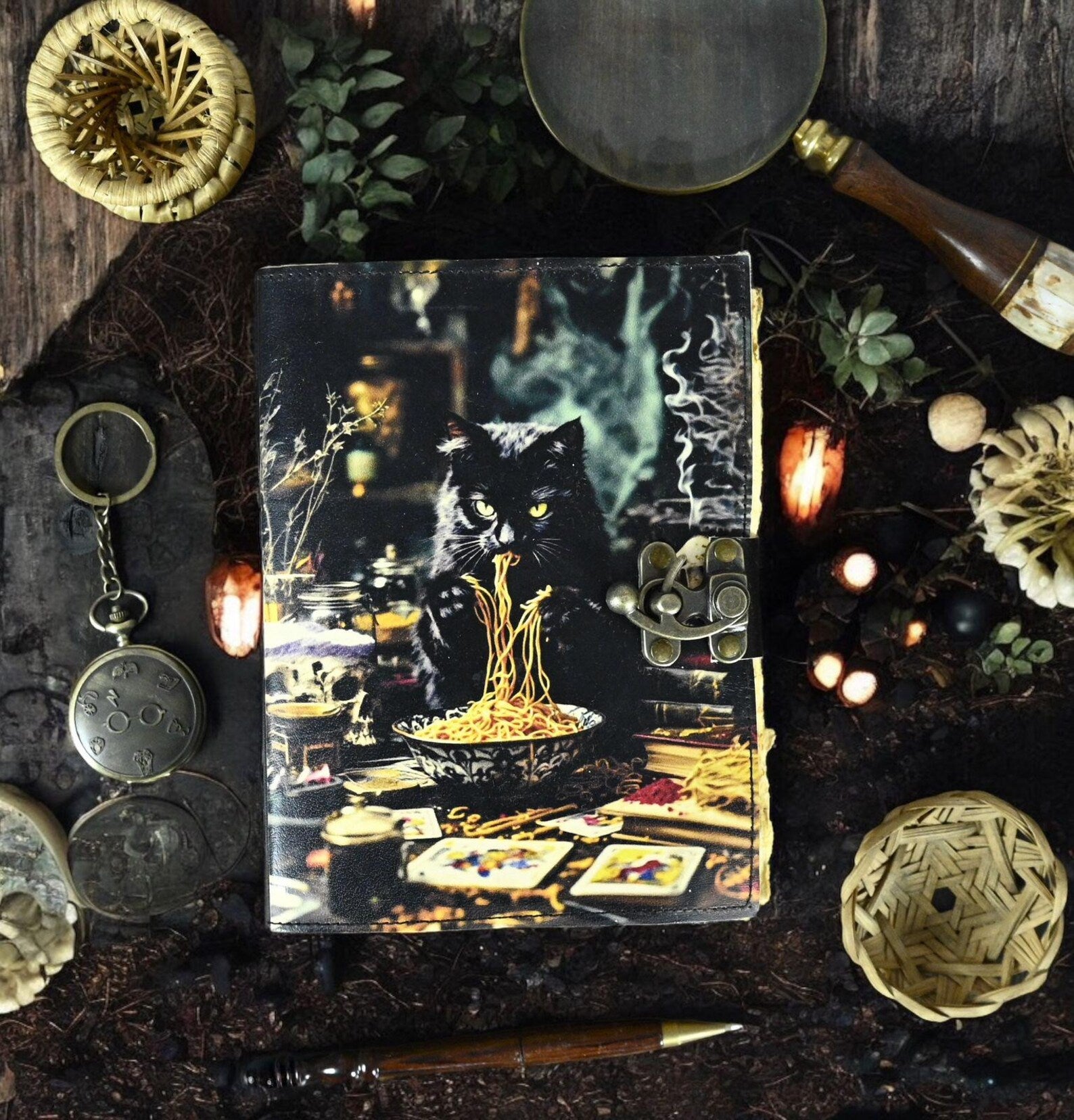 Vintage Cat Eating Noodles Leather journal