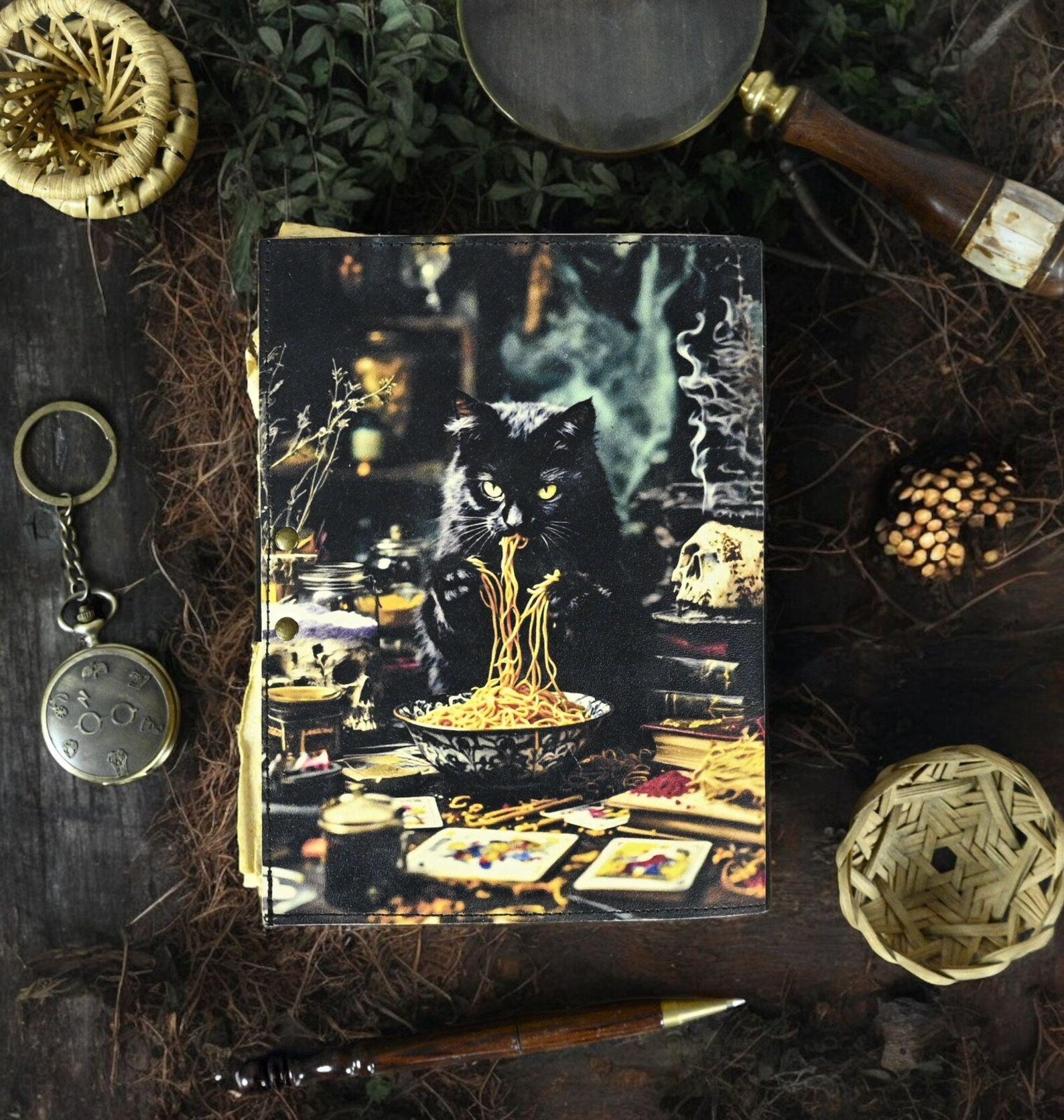 Vintage Cat Eating Noodles Leather journal
